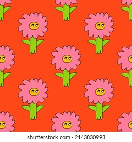 vector psychedelic art - seamless pattern with hippie flowers.Funky and groovy floral ornament.Vibrant square textile with flowers dudes characters.Kitsch wallpaper in the style of the 70s and 80s.