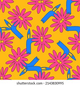 vector psychedelic art - seamless pattern with hippie flowers.Funky and groovy floral ornament.Vibrant square textile with flowers dudes characters.Kitsch wallpaper in the style of the 70s and 80s.