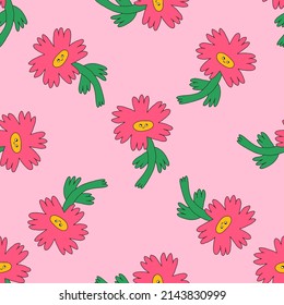 vector psychedelic art - seamless pattern with hippie flowers.Funky and groovy floral ornament.Vibrant square textile with flowers dudes characters.Kitsch wallpaper in the style of the 70s and 80s.