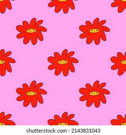 vector psychedelic art - seamless pattern with hippie flowers.Funky and groovy floral ornament.Vibrant square textile with flowers dudes characters.Kitsch wallpaper in the style of the 70s and 80s.