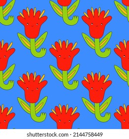 Vector Psychedelic Art - Seamless Pattern With Hippie Flowers.Funky And Groovy Floral Ornament.Vibrant Square Textile With Flowers Dudes Characters.Kitsch Wallpaper In The Style Of The 70s And 80s.