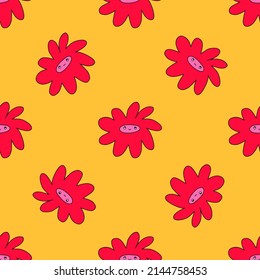 vector psychedelic art - seamless pattern with hippie flowers.Funky and groovy floral ornament.Vibrant square textile with flowers dudes characters.Kitsch wallpaper in the style of the 70s and 80s.