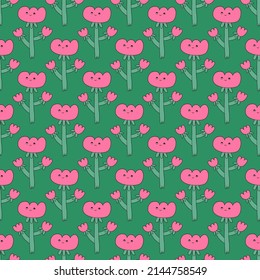 vector psychedelic art - seamless pattern with hippie flowers.Funky and groovy floral ornament.Vibrant square textile with flowers dudes characters.Kitsch wallpaper in the style of the 70s and 80s.