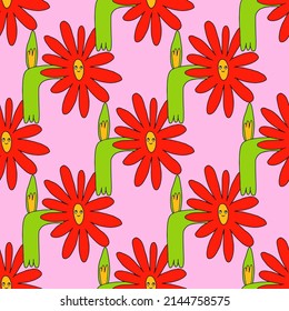 vector psychedelic art - seamless pattern with hippie flowers.Funky and groovy floral ornament.Vibrant square textile with flowers dudes characters.Kitsch wallpaper in the style of the 70s and 80s.