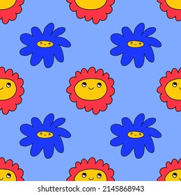 vector psychedelic art - seamless pattern with hippie flowers.Funky and groovy floral ornament.Vibrant square textile with flowers dudes characters.Kitsch wallpaper in the style of the 70s and 80s.