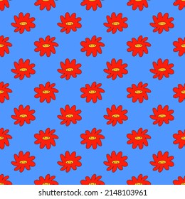 Vector Psychedelic Art - Seamless Pattern With Hippie Flowers.Funky And Groovy Floral Ornament.Vibrant Square Textile With Flowers Dudes Characters.Kitsch Wallpaper In The Style Of The 70s And 80s.