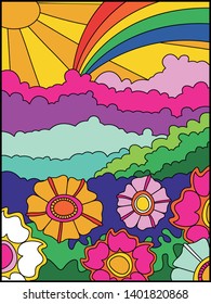 Vector Psychedelic Background, Cover, Poster Template 1960s Hippie Style Psychedelic Art