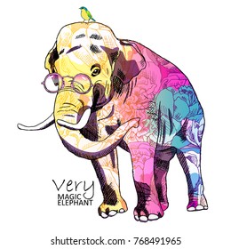 Vector psychedelic elephant with bird 