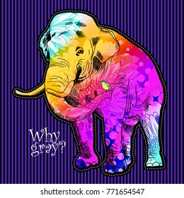 Vector psychedelic elephant. Elephant with flowers ad bird 4