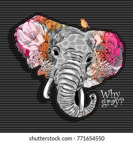 Vector psychedelic elephant. Elephant with flowers ad bird 2
