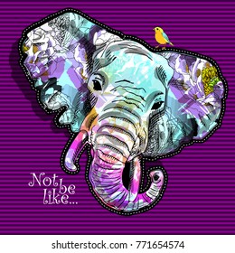 Vector psychedelic elephant. Elephant with flowers ad bird 6