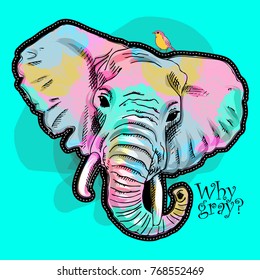 Vector psychedelic elephant. Portrait of elephant with bird 