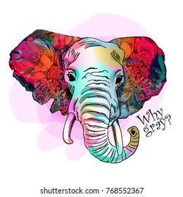 Vector psychedelic elephant. Portrait of elephant with flowers