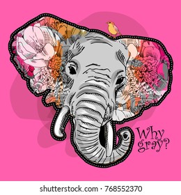 Vector psychedelic elephant. Portrait of elephant with flowers and bird 