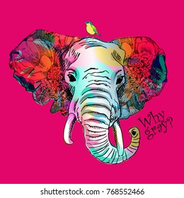 Vector psychedelic elephant. Portrait of elephant with flowers and bird 