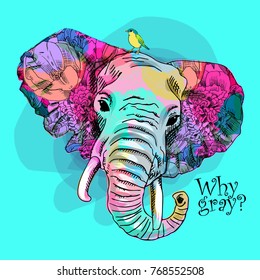 Vector psychedelic elephant. Portrait of elephant with flowers and bird 