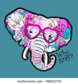 Vector psychedelic elephant. Portrait of elephant with flowers and glasses