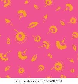 Vector psychedelic folk seamless pattern with colorful ethnic orange flowers and leaves, pink background. Perfect for fabric, scrapbooking, wallpaper projects.
