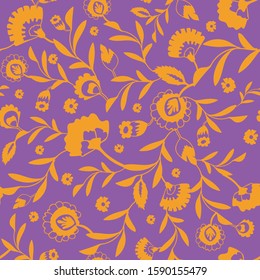 Vector psychedelic folk seamless pattern with colorful ethnic flowers and leaves, orange and purple background. Perfect for fabric, scrapbooking, wallpaper projects.