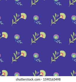 Vector psychedelic folk seamless pattern with colorful ethnic flowers and leaves, purple, green, pink and blue background. Perfect for fabric, scrapbooking, wallpaper projects.