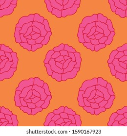 Vector psychedelic folk seamless pattern with colorful ethnic rose flowers and leaves, pink and orange background. Perfect for fabric, scrapbooking, wallpaper projects.