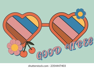 Vector psychedelic heart-shaped sunglasses from the 70s with an abstract line. Retro winding glasses for design and printing. Cartoon hippie sticker. Vintage illustration