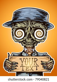 vector psychedelic illustration of a skeleton with hypho eyes and text template