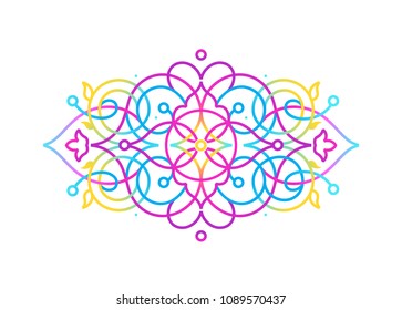 Diseño de camiseta de ilustración psicodélica de Vector. Decoración geométrica; ornamento floral, elemento de color neón ácido. Estilo oriental decoración colorida. Motivos árabes. Adorno para la cubierta, cartel, volante, tarjeta.