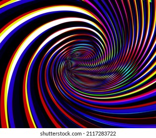 Vector psychedelic illustration of tunnel vortex view with hypnotic colourful stripes flowing inside a hole. 