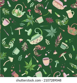 Vector psychedelic mushroom weed tea party. Perfect for wrapping paper, wallpaper, kitchen design, fabric projects
