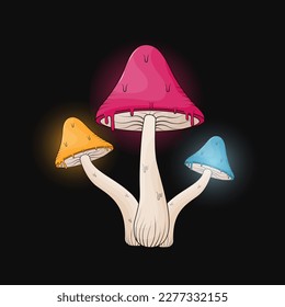 Vector psychedelic mushrooms. Colored acid mushroom hippy style. Vector