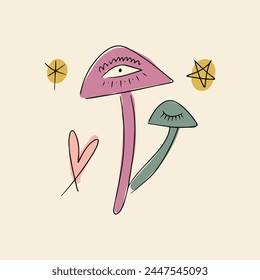 Vector psychedelic mystical groovy whimsical doodle witchy mushroom family and celestial characters, esoteric objects. Hand-drawn sketchy sticker, art print boho clipart symbols isolated on background