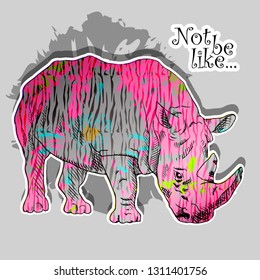 Vector psychedelic rhinoceros. Hand drawn illustration of original rhino with flowers