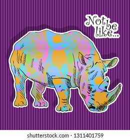 Vector psychedelic rhinoceros. Hand drawn illustration of original rhino with flowers