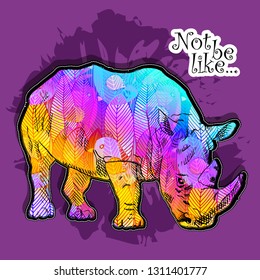 Vector psychedelic rhinoceros. Hand drawn illustration of original rhino with flowers