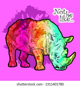 Vector psychedelic rhinoceros. Hand drawn illustration of original rhino with flowers