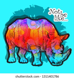 Vector psychedelic rhinoceros. Hand drawn illustration of original rhino with flowers