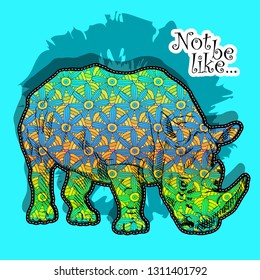 Vector psychedelic rhinoceros. Hand drawn illustration of original rhino with flowers