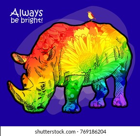 Vector psychedelic rhinoceros. Portrait of rhino with flowers and bird 2