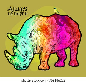 Vector psychedelic rhinoceros. Portrait of rhino with flowers and bird 5