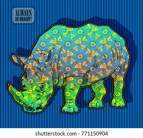 Vector psychedelic rhinoceros. Portrait of rhino with flowers and bird 2