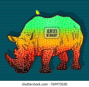 Vector psychedelic rhinoceros. Rhino with flowers and bird 3