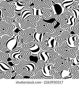 Vector psychedelic seamless background. Trippy black and white graphic design template. Psy trance poster seamless backdrop. Cool fun positive vibes funky geometric hippie psychedelia endless pattern