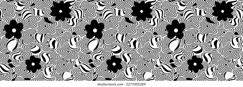 Vector psychedelic seamless background. Trippy flower black white graphic design. Psy trance poster seamless pattern. Cool fun positive vibes funky geometric hippie psychedelia floral digital paper