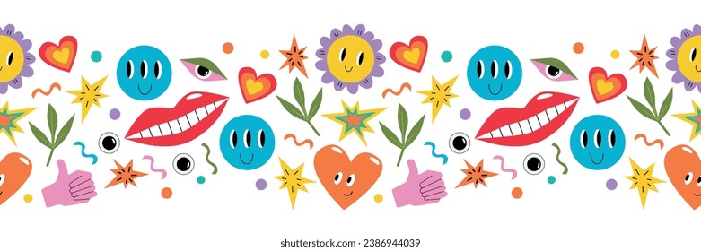 Vector psychedelic seamless border Groovy elements on white background