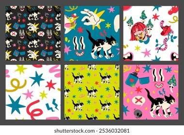 Vector Psychedelic seamless patterns. Retro faces smiling, a girl with mushrooms, a funny cat, a lighter, worms on a rose, a groovy daisy, a tooth, an eye with gloved hands.