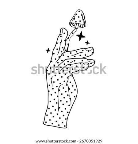 Vector psychedelic sign with mushroom growing from hand. Surreal visionary symbol or hallucination graphic with trippy shroom sprout from finger. Altered consciousness, surrealism, spiritual journey.