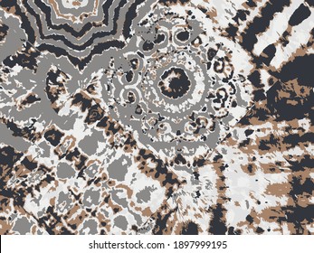 Vector Psychedelic Tie Dye. Grey Watercolor Background. Handmade Artistic Artwork. Ethnic Rustic Textile Print. Brown Bleach Dye. Space Dyed Texture. Indian Textured Border prints.