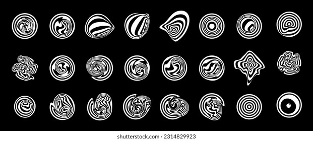 Vector psychedelic y2k elements. Optic illusion social media highlights. Distorted striped liquid forms, signs, logos. Trippy rave cosmos graphic psy trance icons. Brutalism style cool fluid shapes svg