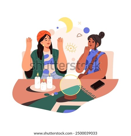 Vector psychic service or fortune teller foretelling. Cartoon fortuneteller with with crystal ball and astrology sign. Medium and magician job. Witch or magician future prediction. Paranormal, occult
